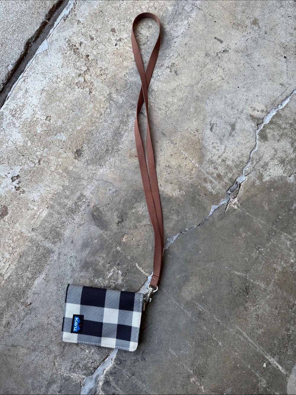 Kavu Navy and White Checkered Wristlet with Brown Strap